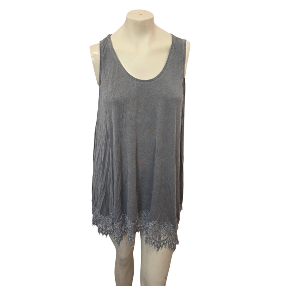Gray Lace Hem Tunic Tank Top Womens Rayon Spandex Sleeveless Flowy Boho Medium